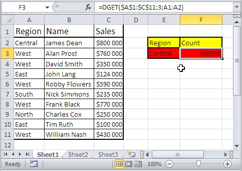 Excel database functions dget