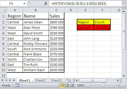 Excel database functions dstdev