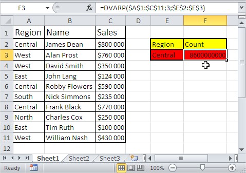 Excel database functions dvarp