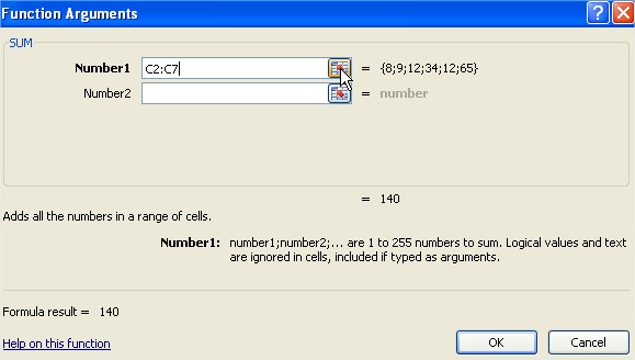Excel functions Function Arguments sum function