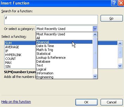 Excel functions Insert Function Financial