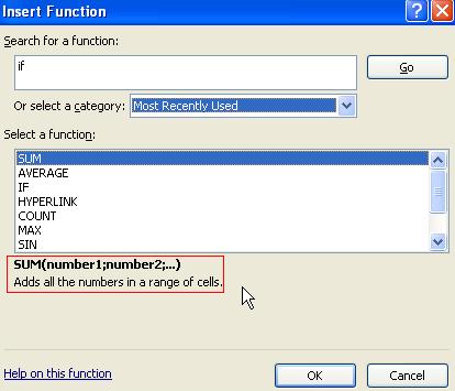 Excel functions Insert Function sum function