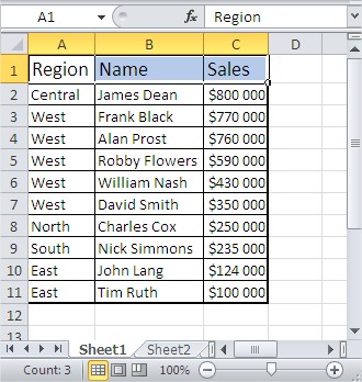 Excel sorting done