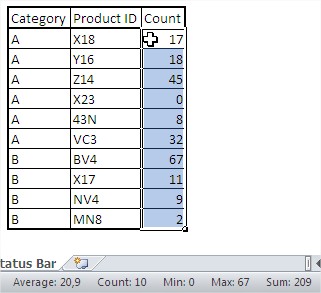 Excel status bar customized