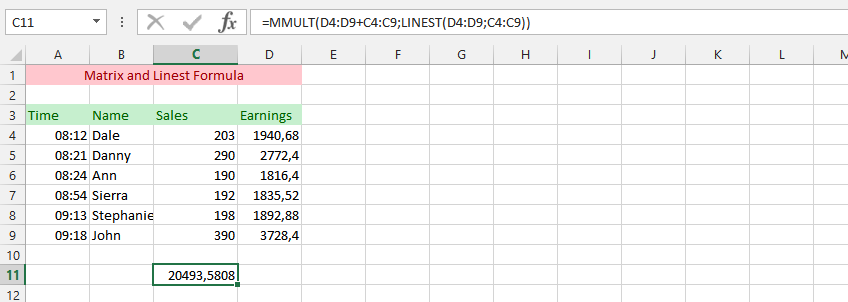 MMULT and LINEST Formula Simultaneous Usage
