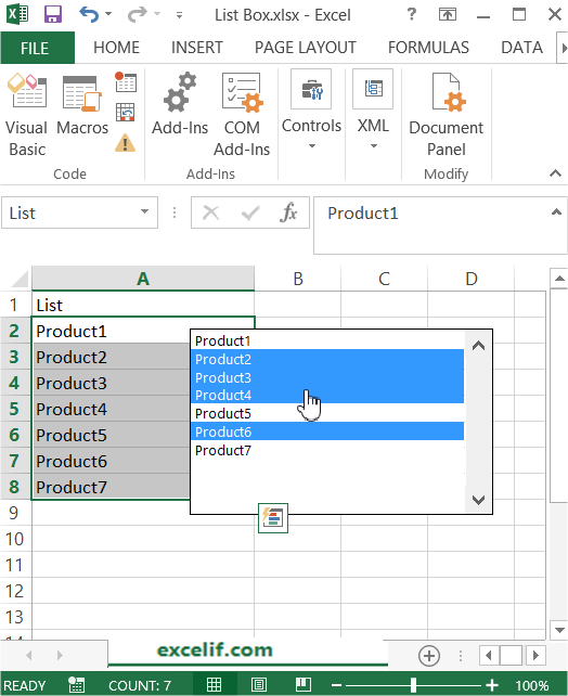 List Box inserted to worksheet