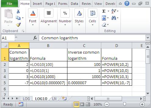 Excel common logarithm