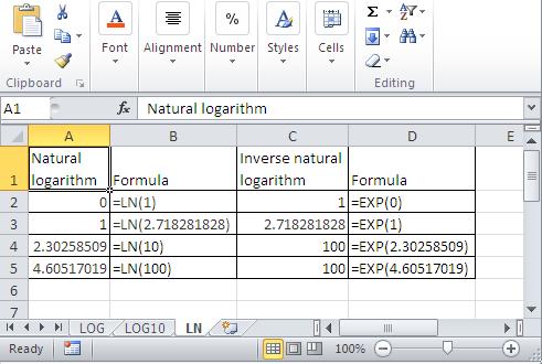 Excel natural logarithm