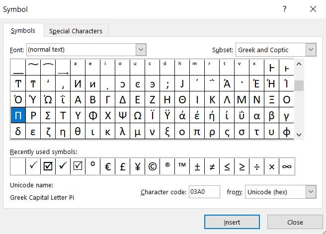 insert greek pi letter
