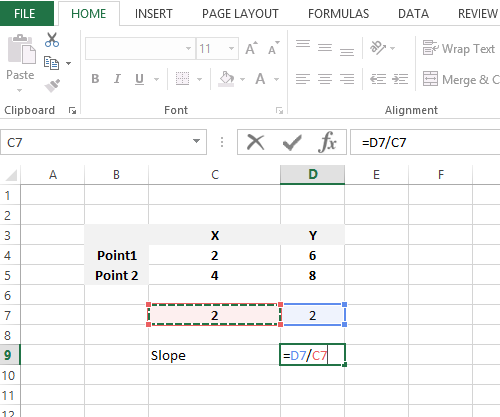 difference of Y coordinates divided by difference of x coordinates
