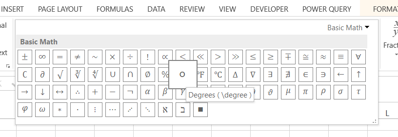 insert equation degree symbol