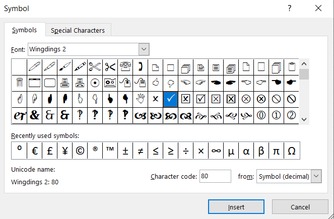 Wingdings2 check mark symbol