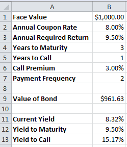 Yield Excel calculation