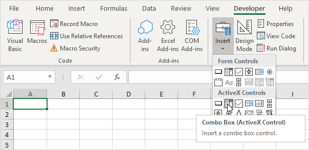 Create a combo box in Excel VBA