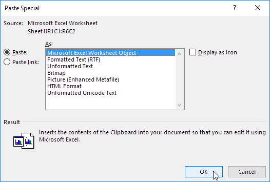 Click Paste, Microsoft Excel Worksheet Object