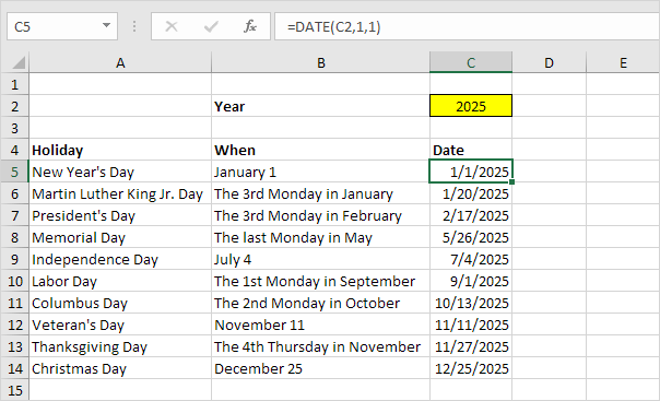 Holidays in Excel