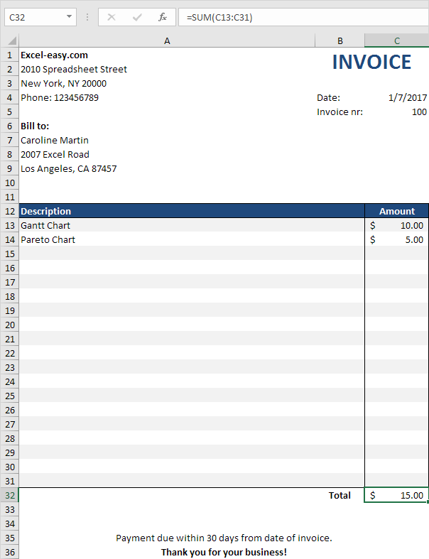 Invoice in Excel