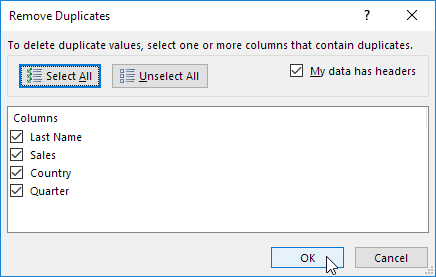 Remove Duplicates Dialog Box