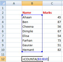 COUNTA function in excel