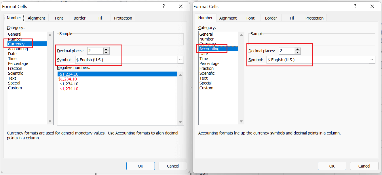 Currency Vs Accounting Format in Excel