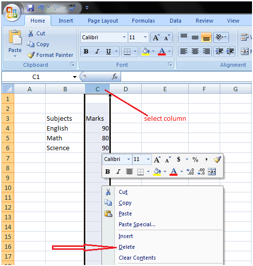 How to delete column in Excel