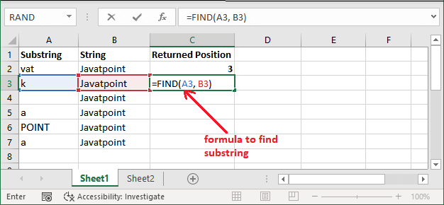 Excel find() function