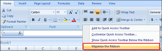 Ribbon and Tabs in Excel
