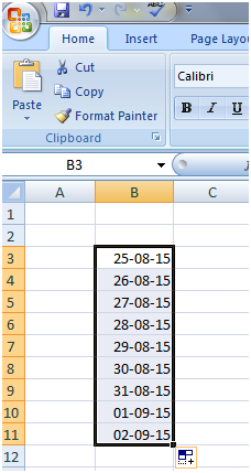 Fill Handle with dates in Excel 2