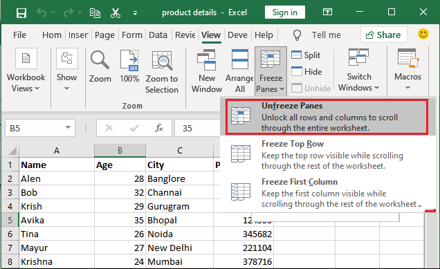 Freeze panes in Excel