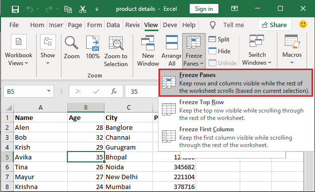 Freeze panes in Excel