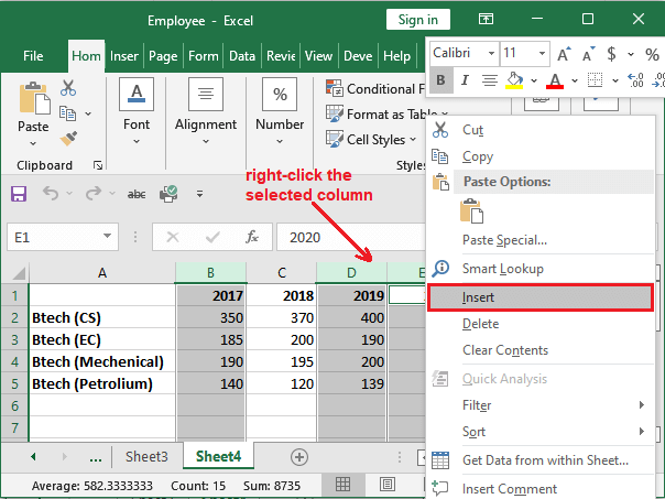 How to insert a column in Excel?