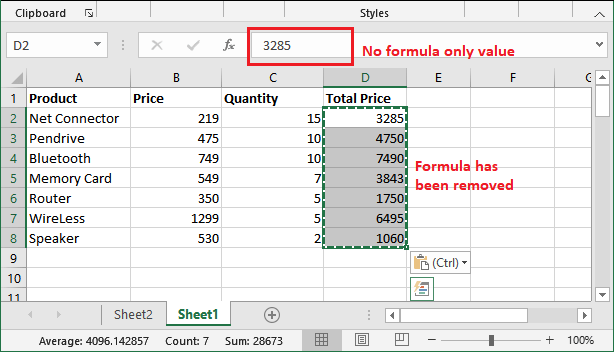 How to remove formula in Excel