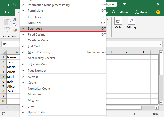 How to unlock scroll lock in Excel