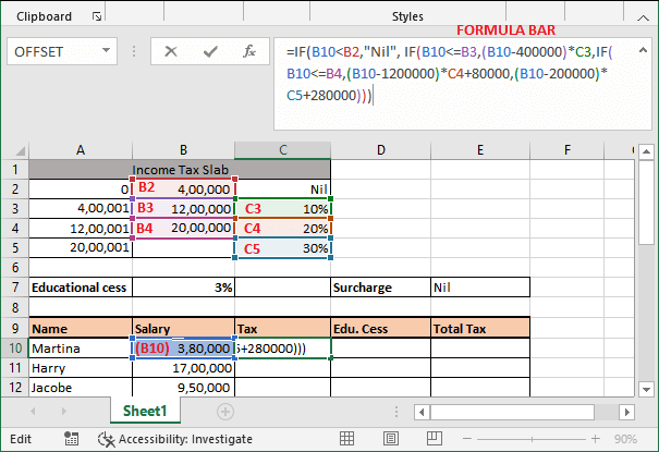 Income tax calculating formula in Excel