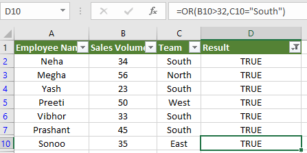 OR Function in Excel