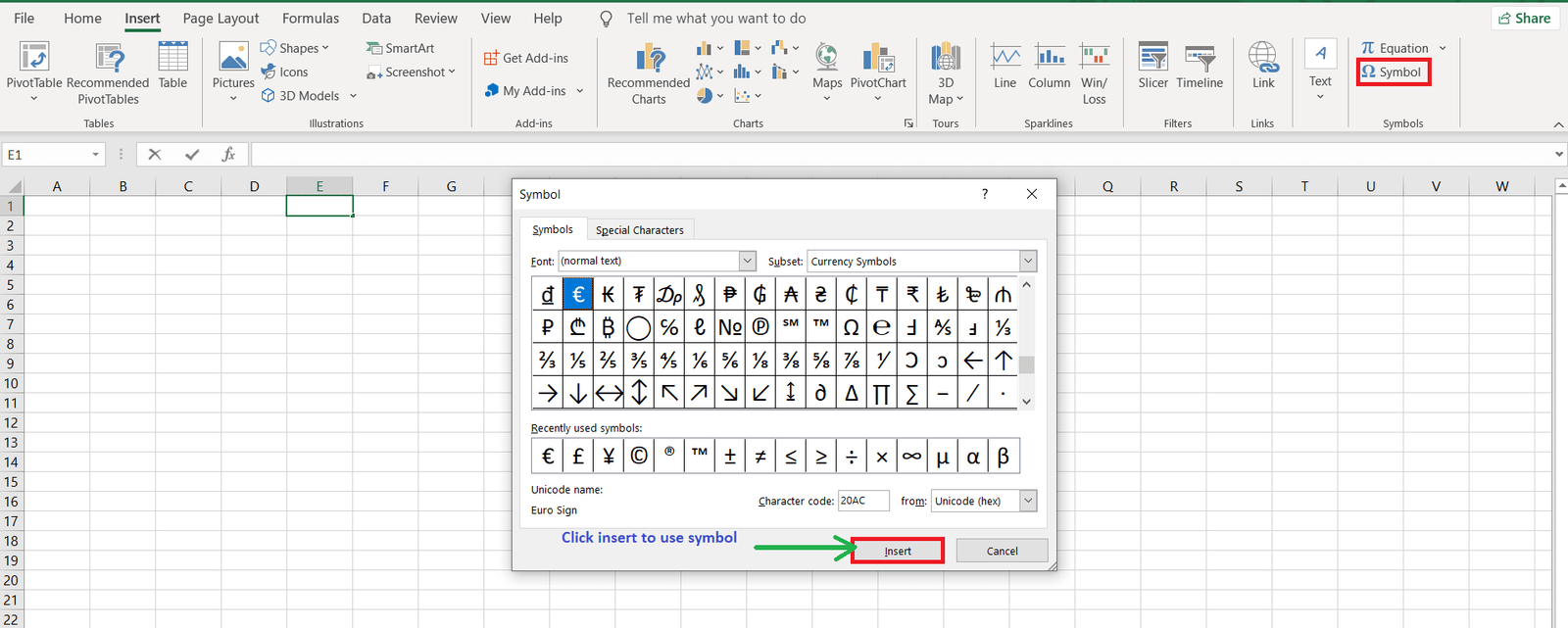 Special Symbols in Excel