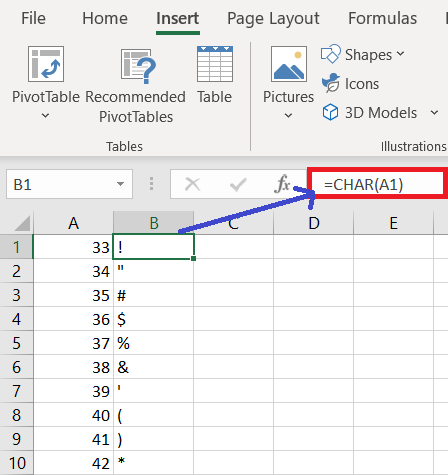 Special Symbols in Excel