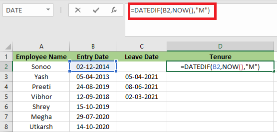 Tenure Formula in Excel