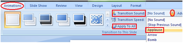 MSpowerpoint How to set slide transition sound 1