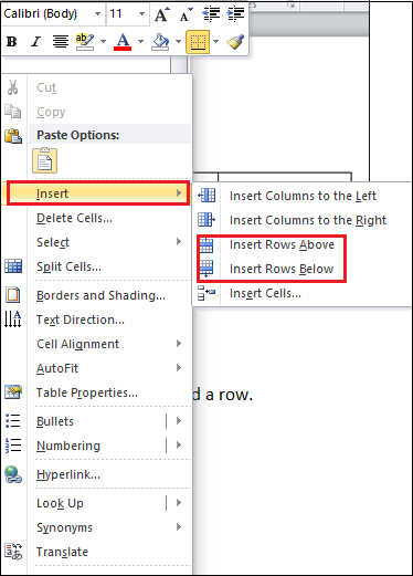 How to add a row and column to a table in Microsoft Word document