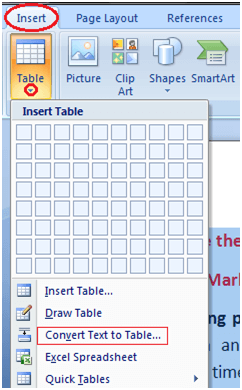MS Word To convert text to table 1