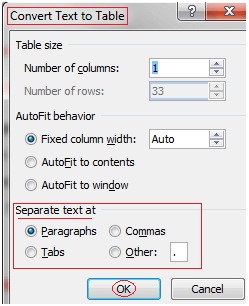MS Word To convert text to table 2
