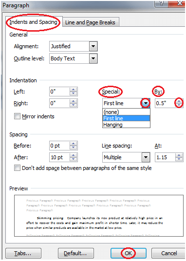 MS Word How to create first line indent in ms word 1