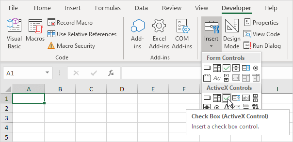 Create a check box in Excel VBA